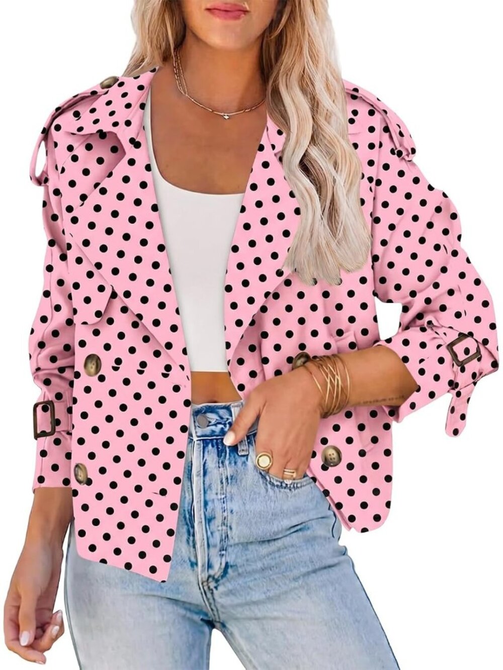 Women's Pink Polka Dots Cropped Raglan Sleeve Lapel Double Breasted Trench Coat